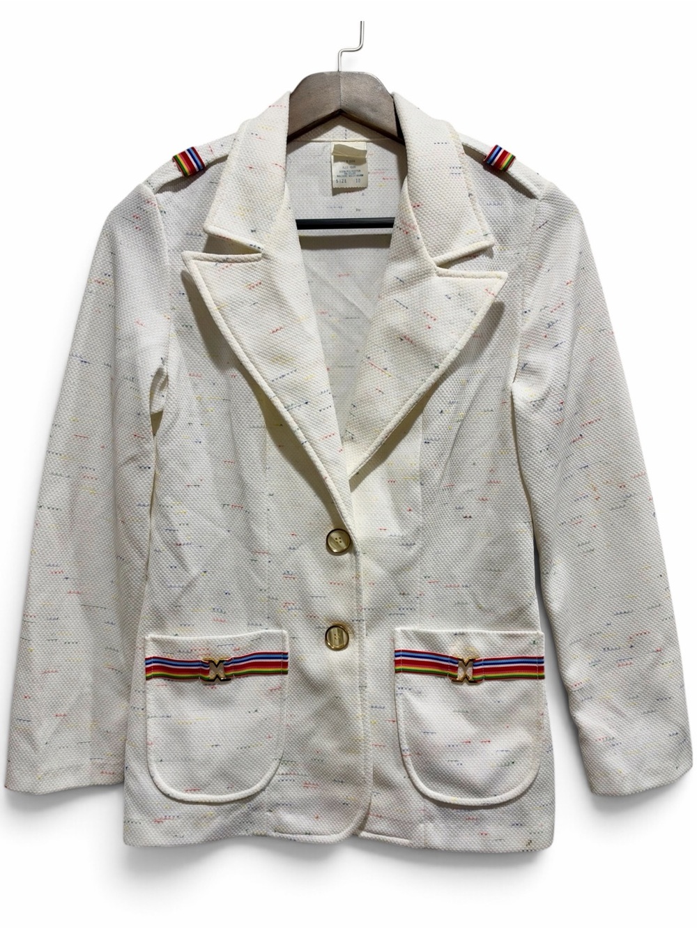 Vintage Rainbow Trim White Blazer Gold Hardware Wide Lapel Retro Disco Jacket
